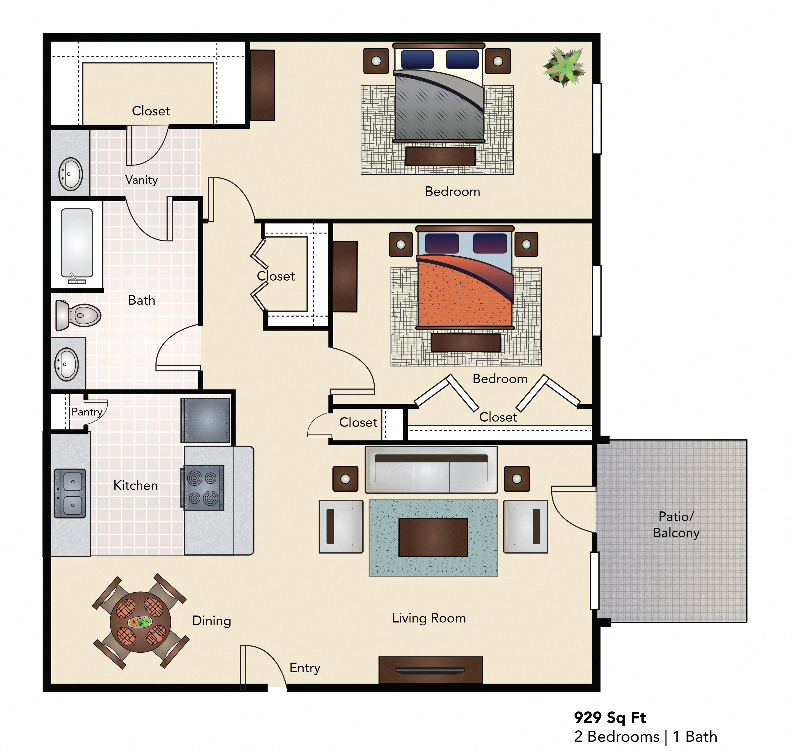 Floor plan for 2 beds, 1 bath, 929 sqft